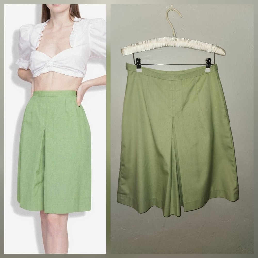 Vintage 1960s 1970s Light Green High Waist Culottes Skort Perm Pressed by Koret